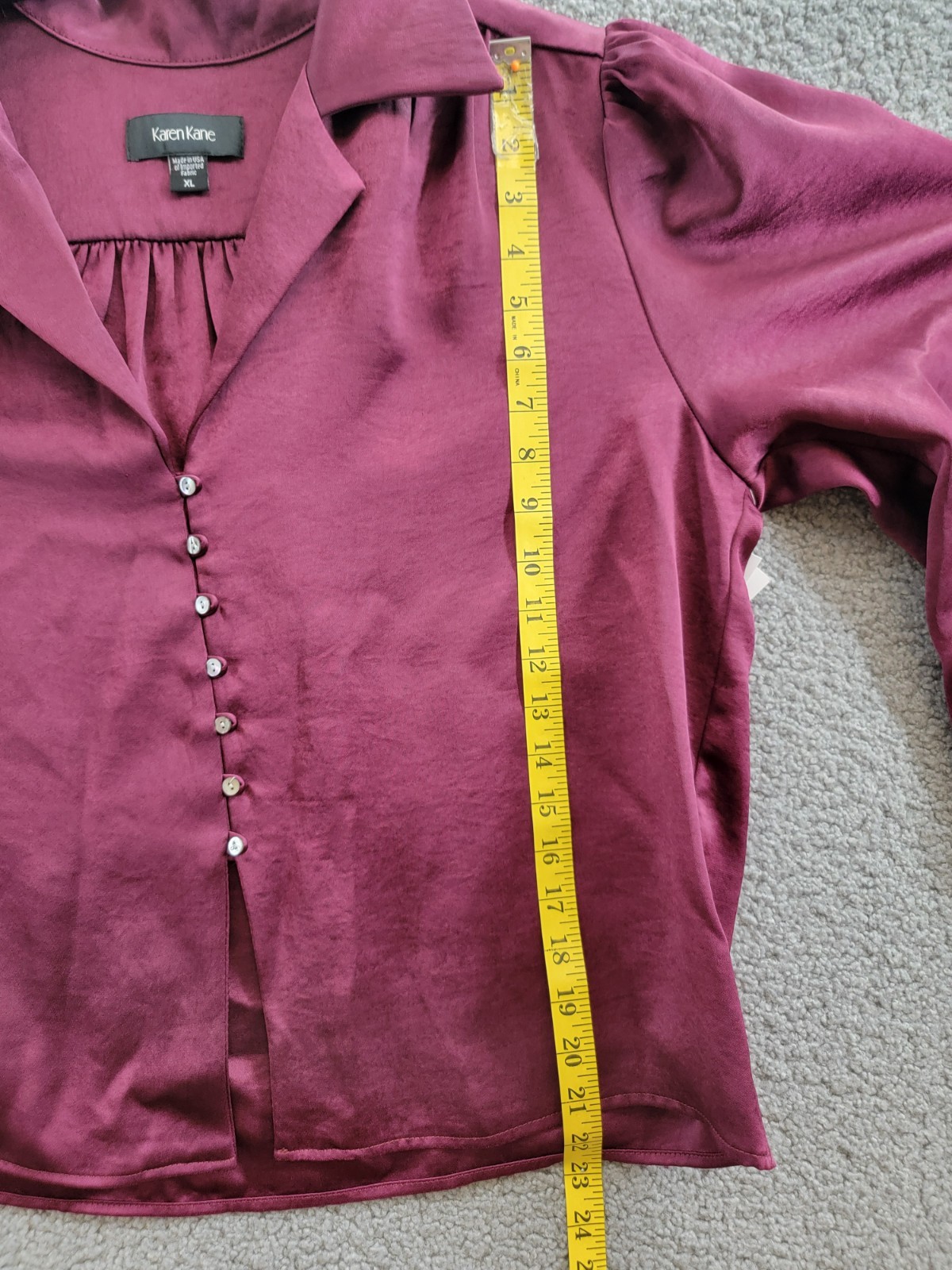 Karen Kane Shirred Blouse Womens XL Wine Solid Collared Long Sleeve Button Front - Picture 8 of 16