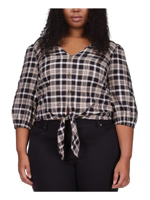 

MICHAEL KORS Женская черная блузка в клетку с эластичными манжетами и пуговицами плюс, Черный