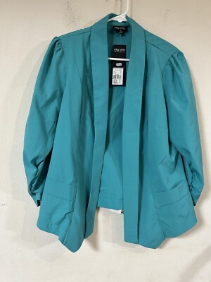 City Chic Women's XS Open Front Unlined Lightweight Blazer Teal 3/4 Sleeve, NWT