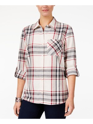 STYLE & COMPANY Womens Ivory Plaid Roll-tab Sleeve Button Up Top Petites PP