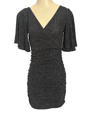  NWT FOREVER 21 Sparkly Black/Silver Flutter Sleeve Body Con Mini Dress-Size M