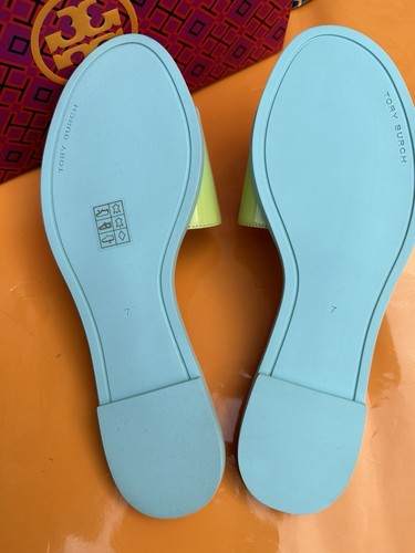 Pre-owned Tory Burch Everly Slide Flat Soft Patent Leather Celeste Ombré W Logo Sz 7 In Green/yellow