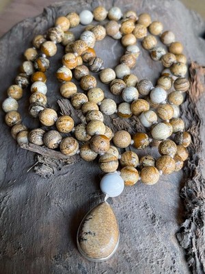 Picture Jasper Mala Necklace with 925 Sterling Silver Picture Jasper Pendant 