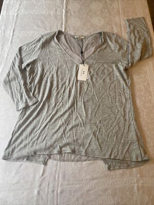 NEW Halston Gray 3/4 Sleeve V- Neck Top with Sheer Flutter Style Back Size XL
