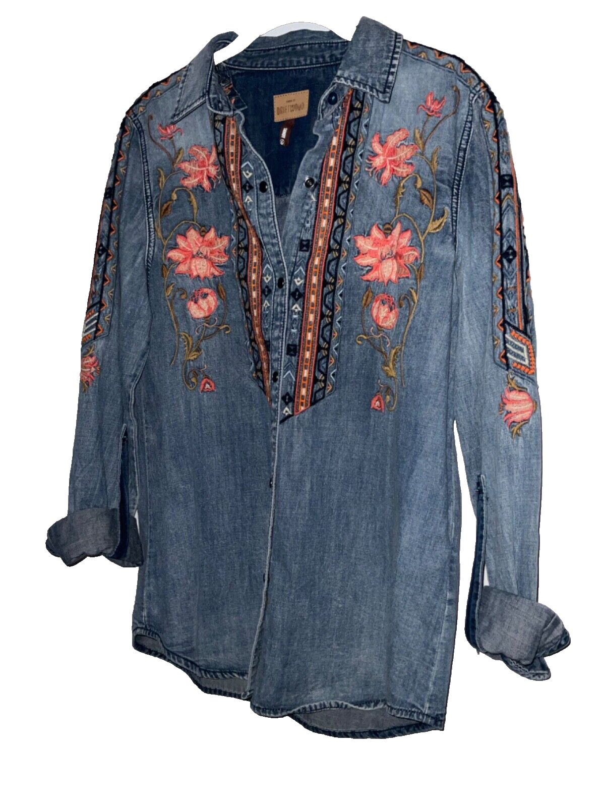 Driftwood Sundance Sandy Floral Embroidered Denim Jeans Shirt Size M
