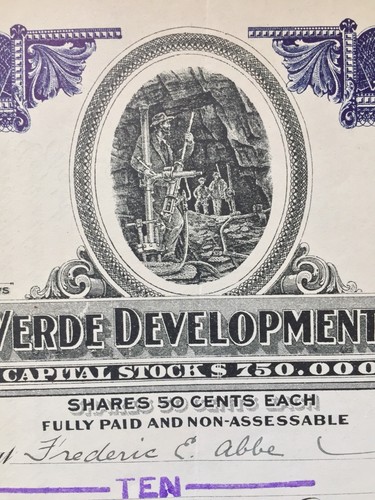 Jerome Verde Development Company Stock Certificate 1924 Delaware Mining Vignette
