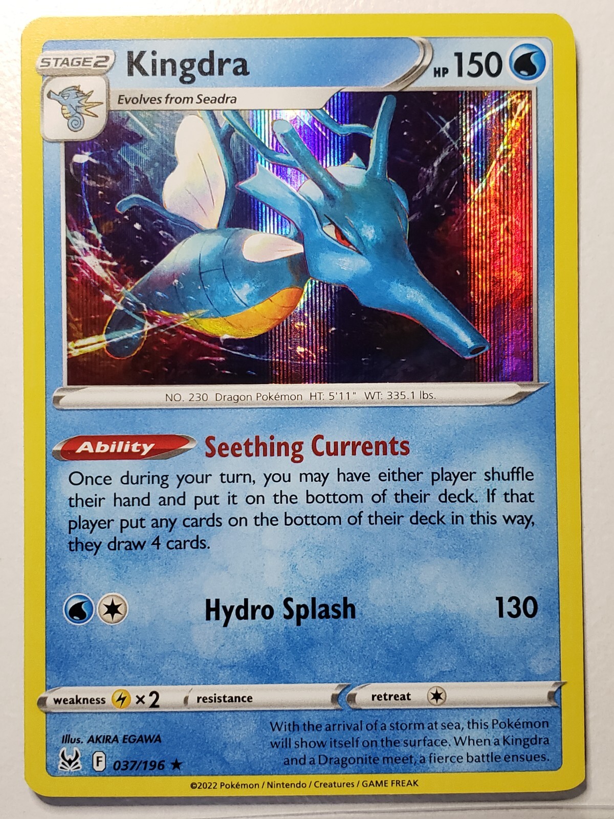 HOLO Kingdra 037/196 NM / M - RARE Lost Origin Pokemon Card HOLO Kingdra 037/196 NM / M - RARE Lost Origin Pokemon Card
