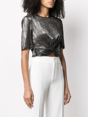 

IRO Womens Black Metallic Twist Front Short Sleeve Evening Crop Top, Черный