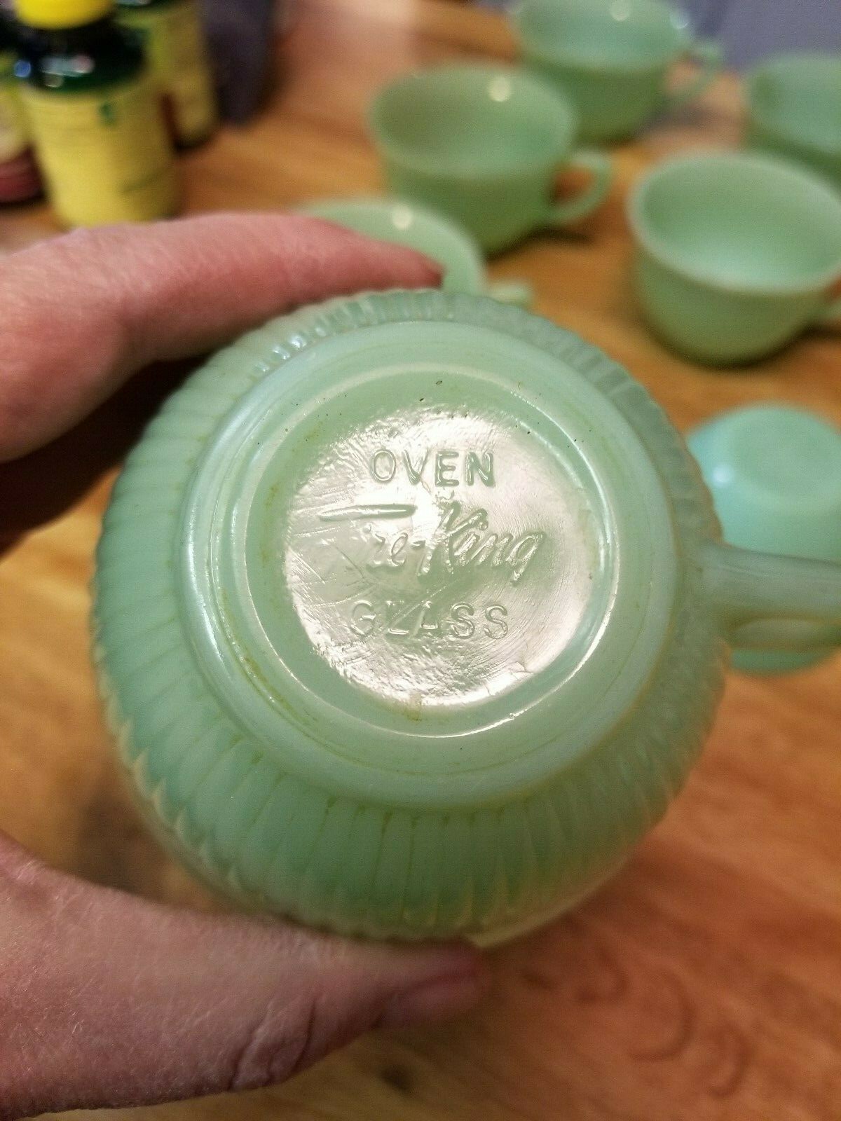 7 sets of Fire King Jadetie Jane Ray Cups and saucers