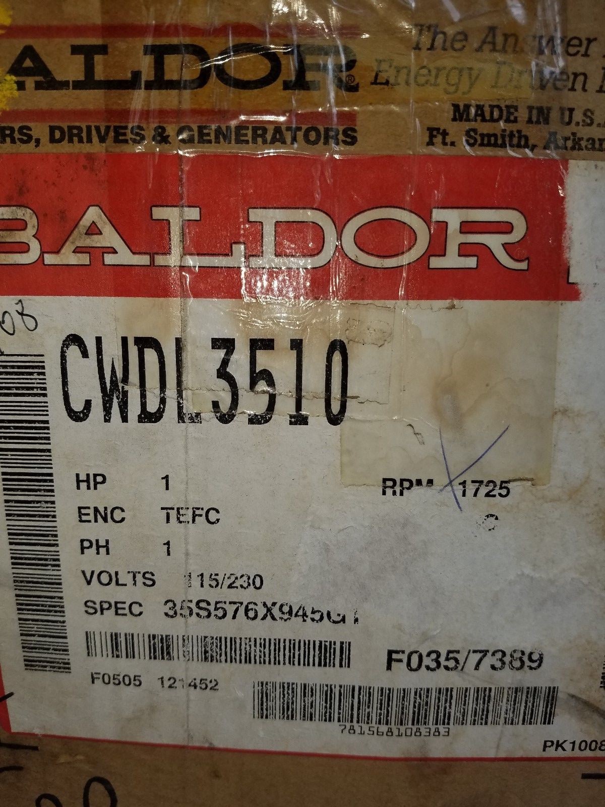 CWDL3510 1 HP, 1725 RPM NEW BALDOR ELECTRIC MOTOR