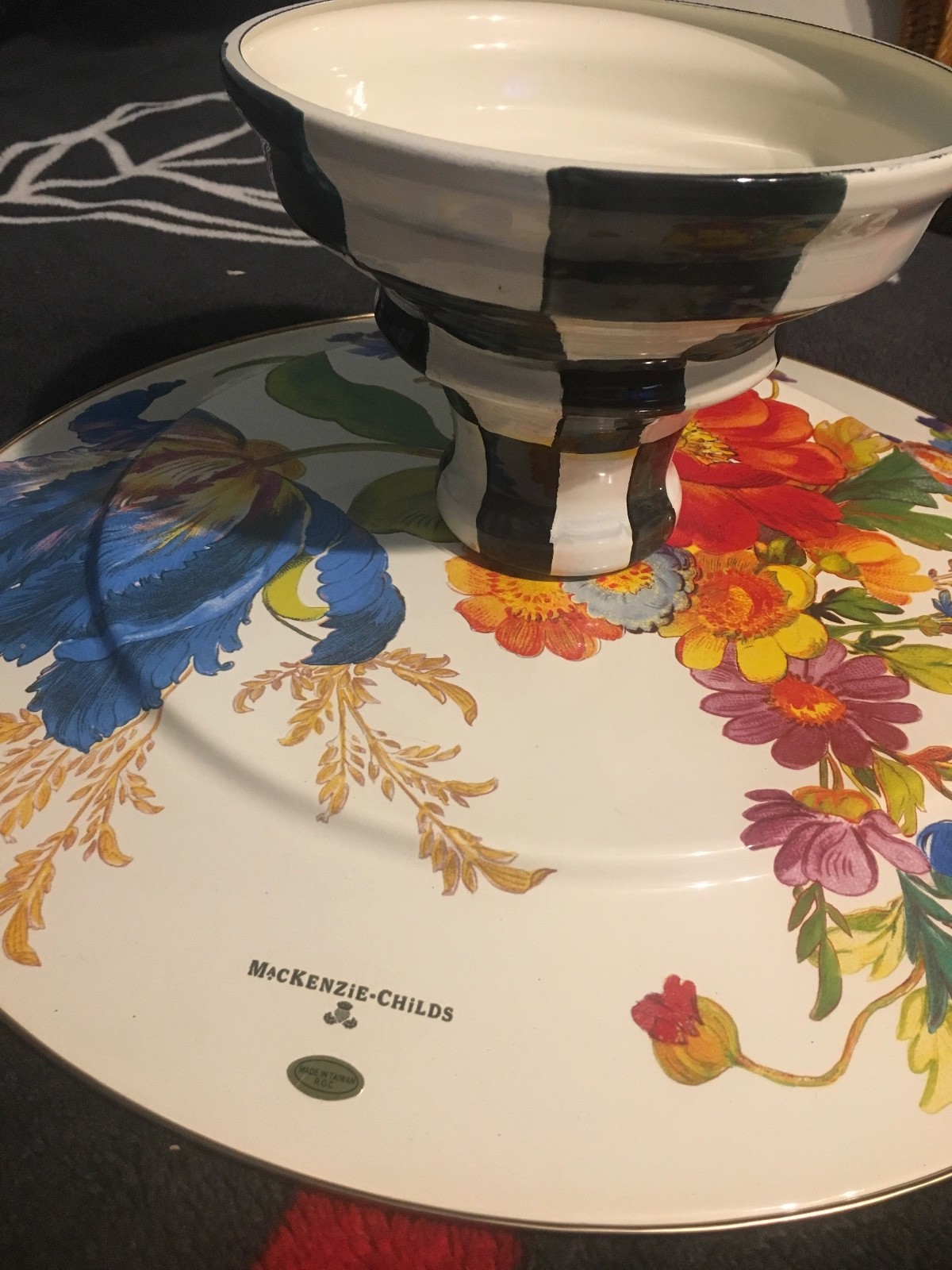 Mackenzie Childs Floral Courtly check Cake Stand carrier ( READ  BELOW )