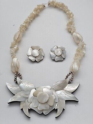 Estate Vintage Mother Of Pearl Large Flower Necklace And Matching Clip On...