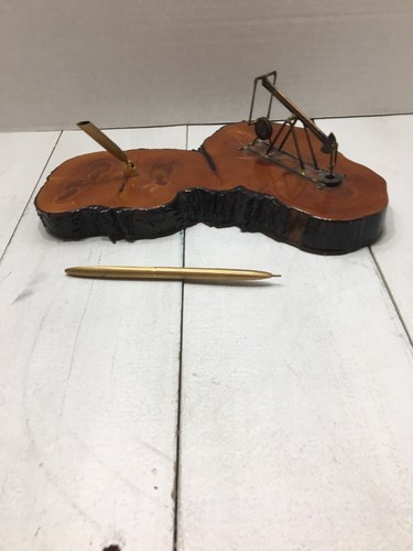 Handmade Cypress Wood Desk Pen Holder W/Oil Well - Oilfield Decor