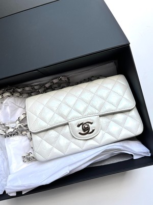 Authentic CHANEL White 2021 Rectangular Mini Crumpled Calfskin Classic Flap Bag