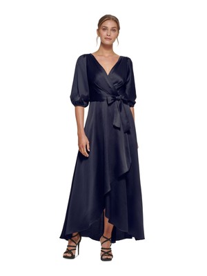 DKNY Womens Navy Tulip Hem Tie Waist Lined Balloon Sleeve Faux Wrap Dress 4