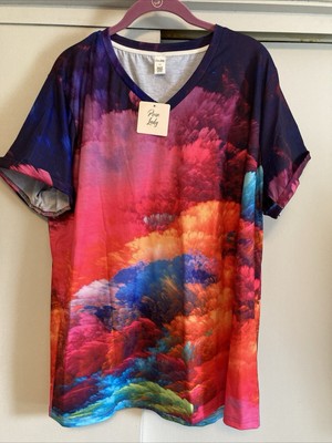 Pixie Lady Womens XL Rainbow Clouds Short Sleeve Shirt Splashes Bright Color NWT