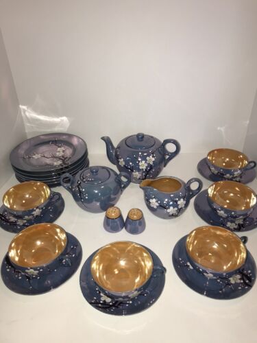 Vintage Hand Painted Lusterware Blue and Orange Japanese tea Vintage Hand Painted Lusterware Blue and Orange Japanese tea