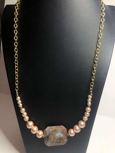 ◆VINTAGE HOLLYWOOD◆ 925 Silver Pearl Chain NecklaceVH25NNN 2127 Vintage Gold tone Blue agate Faux pearl chain necklace