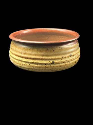 Vintage Ribbed Flanged Speckled Pottery Bowl Signed- Hand Turned  7 1/4