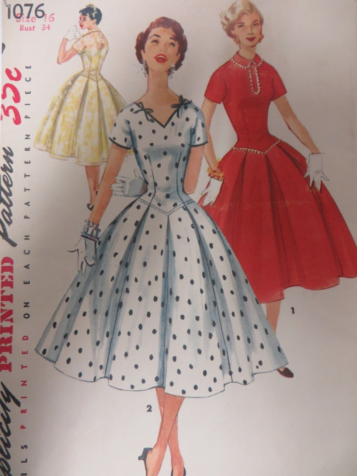 Vtg 50's Simplicity 1076 INVERTED-PLEATED DRESS V-NECK Sewing Pattern Women Sz16