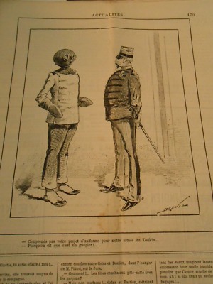 Caricature 1884 - Comprends pas votre uniforme pour le Tonkin C'est un Guêpier