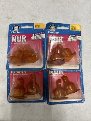 4X Vintage 1997 lot x 2 Gerber NUK Size 1 Latex Orthodontic Nipples slow Flow