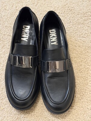 DKNY Issa   Metal Logo Slip On Black Loafer Size 7  M New w/o Box