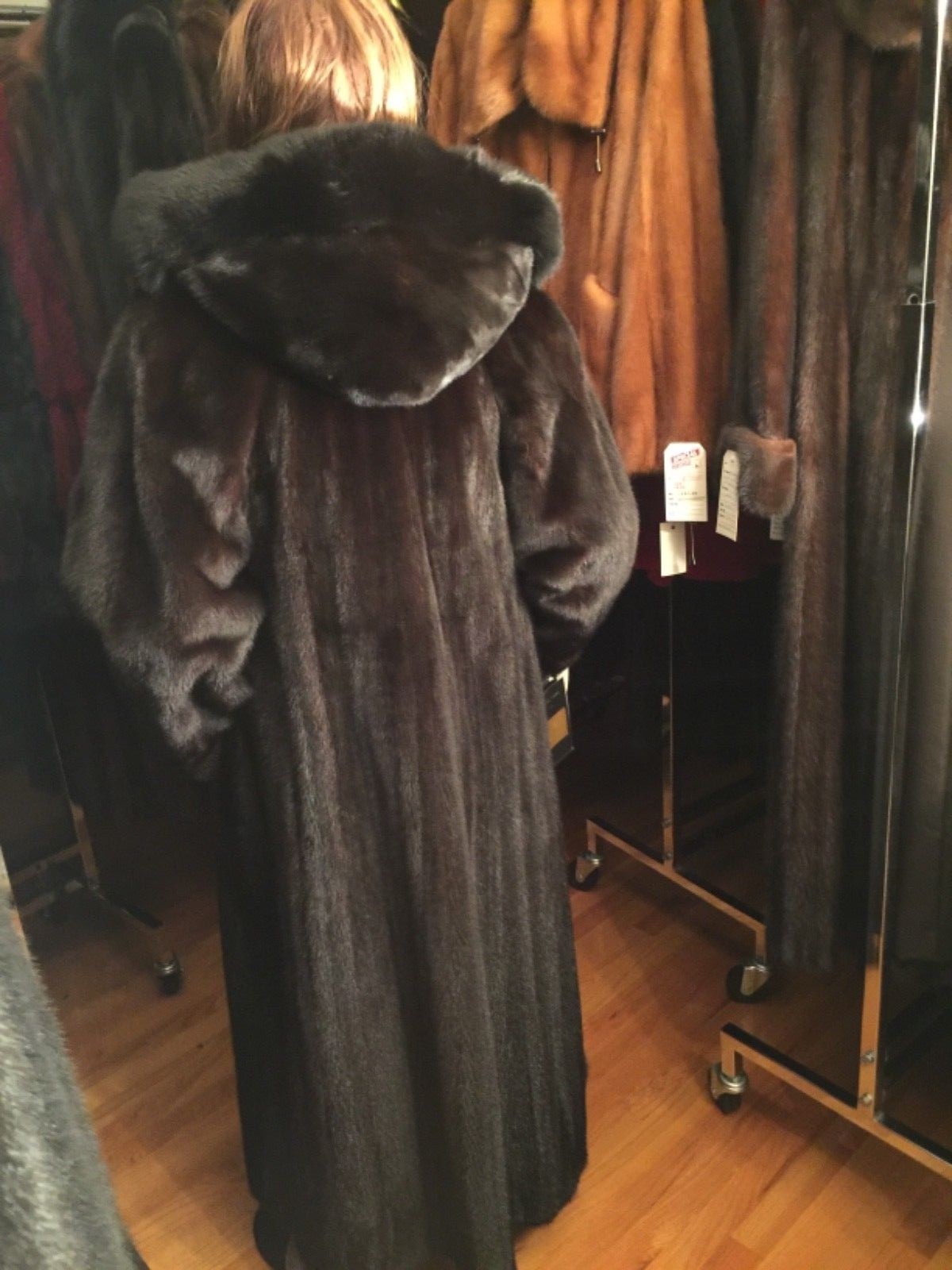 BRAND NEW W/TAGS PIERRE BALMAINE FEMALE RANCH MINK COAT W/HOOD.SIZE M.$10500.00