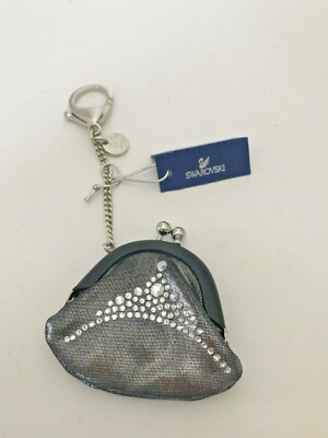 Swarovski Swan Signed Keychain Crystal Coin Purse Dark Grey Key Fob New
