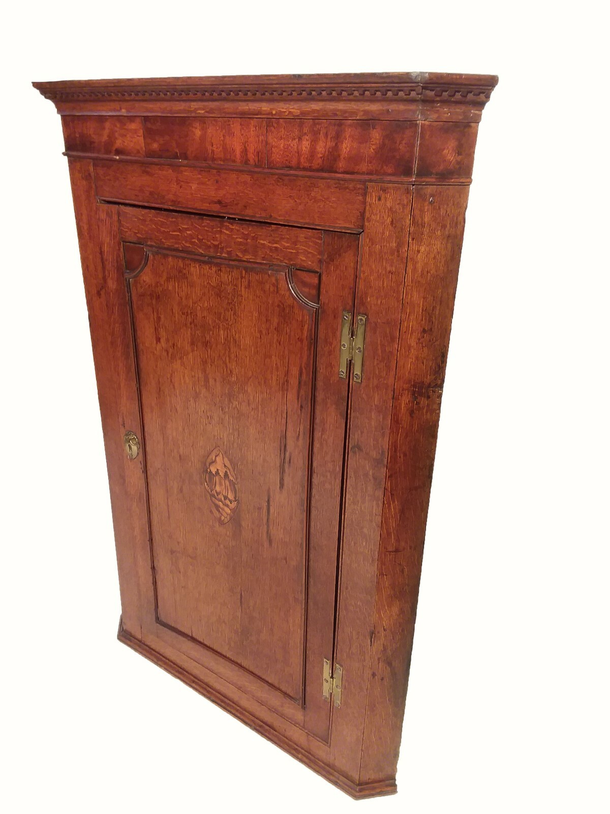 19th C. English Oak Hanging Corner Cabinet with Inlay Shell Motif Gorgeous
