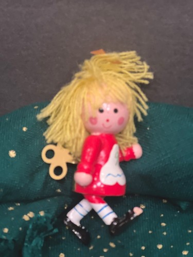 Vintage 4" Wooden Hand Painted Yellow Yarn Haired Doll Christmas Ornament