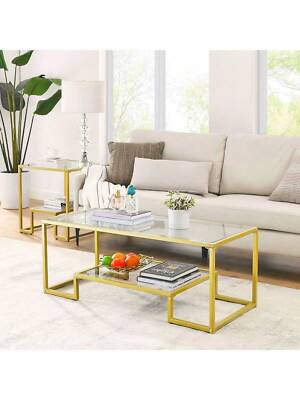 Rectangular Coffee Table, Tempered Glass Coffee Table With 2 Tier Open Storage
