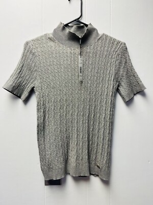 Tahari M Gray Soft Cable Knit Pullover Sweater Top Mock Neck Logo Classic NWT