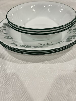 Corelle Callaway Ivy Pattern 3 Plates/3 Bowls Green Edge Swirl  NEW