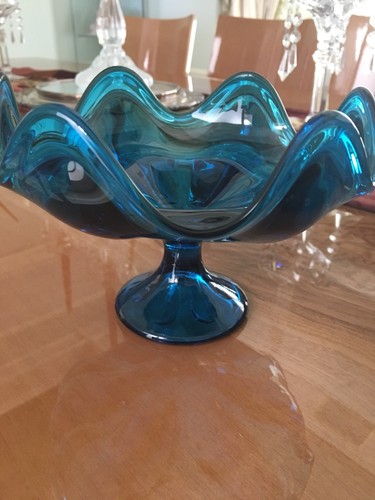 Vintage Blue Colored Glass Footed Bowl