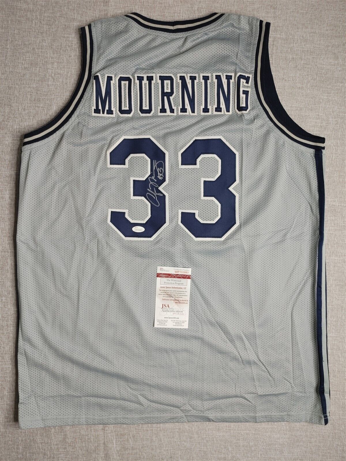 ALONZO MOURNING SIGNED AUTO GEORGETOWN HOYAS GREY JERSEY JSA