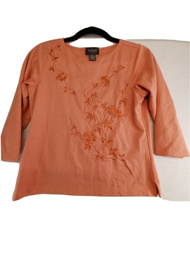 Van Heusen Blouse Womens Small Peach Floral Embroidered 3/4 Sleeve Round Neck