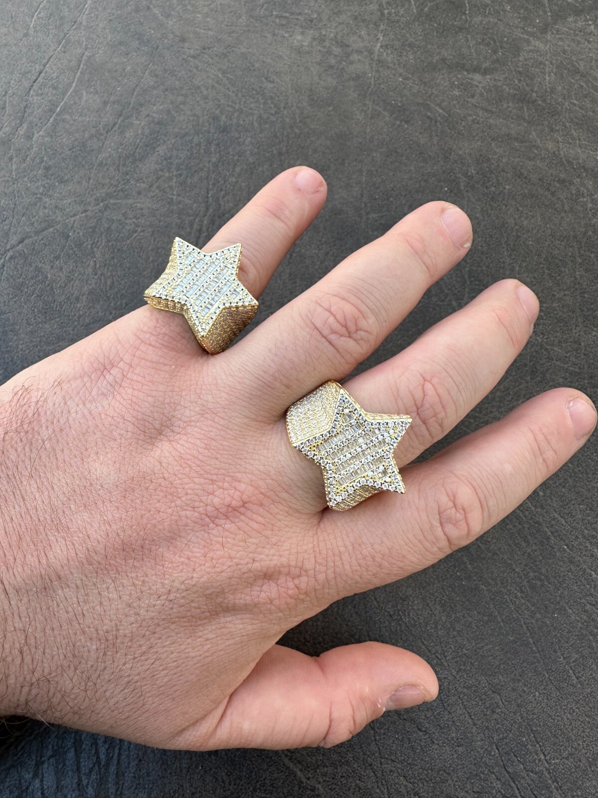 Pre-owned Silver 4.65ct Moissanite 14k Gold Plated 925  Iced Baguette Star Ring Pass Tester