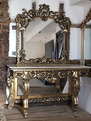 Quality Mahogany Gilded Gold Leaf Cream Marble Ornate Console table and Mirror