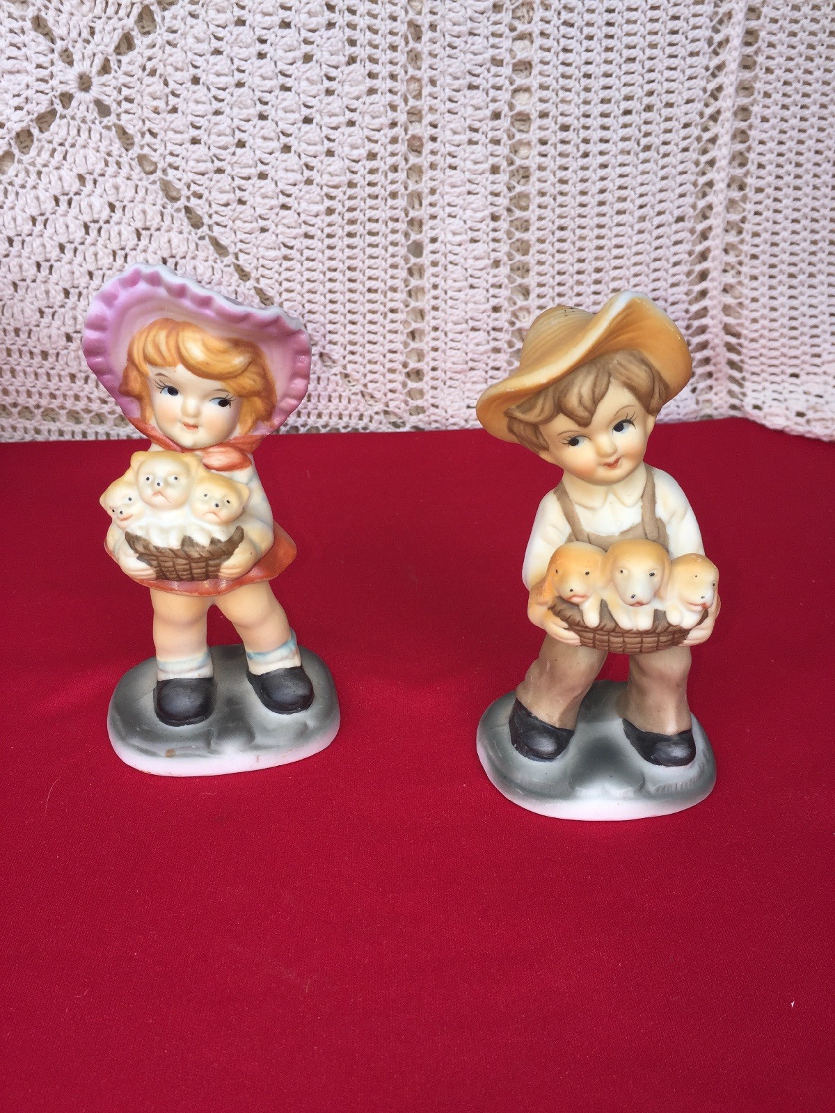 Vintage Homco Country Farm Little Girl & Cats Little Boy & Puppies Figurine SET