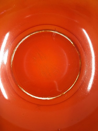 Vintage Art Deco Bowl Orange & Black W/ Floral Design Painted Unsigned Enamel