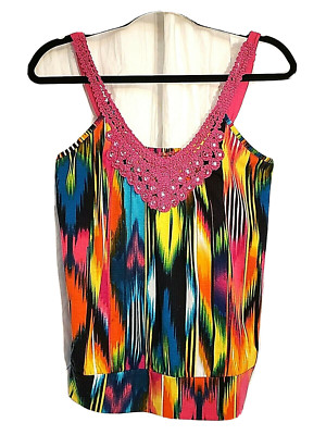 Self Esteem Tank Top Stretch Bead Crochet 70's BOHO Cowgirl Southwestern size L