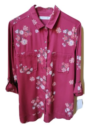 NWT BILLY T Tunic Top Lyocell Raspberry Floral Long Sleeves M