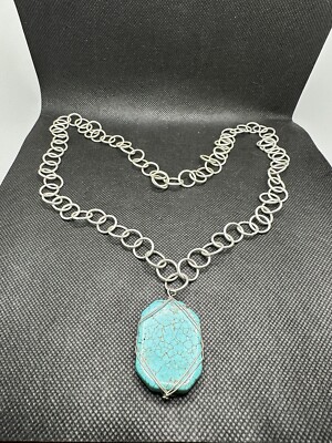 Wire wrapped 100% Natural Turquoise Rectangle pendant /30  Silver Metal Chain.