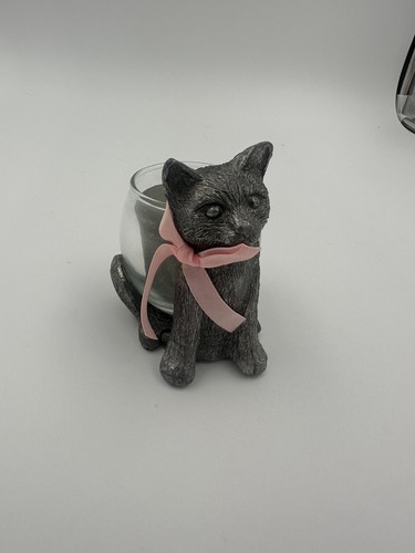 VINTAGE 1984 METZKE PEWTER CAT VOTIVE / TEA LIGHT CANDLE HOLDER  HEAVY
