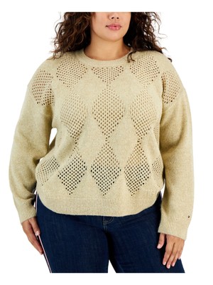 TOMMY HILFIGER Womens Gold Long Sleeve Crew Neck Sweater Plus 2X
