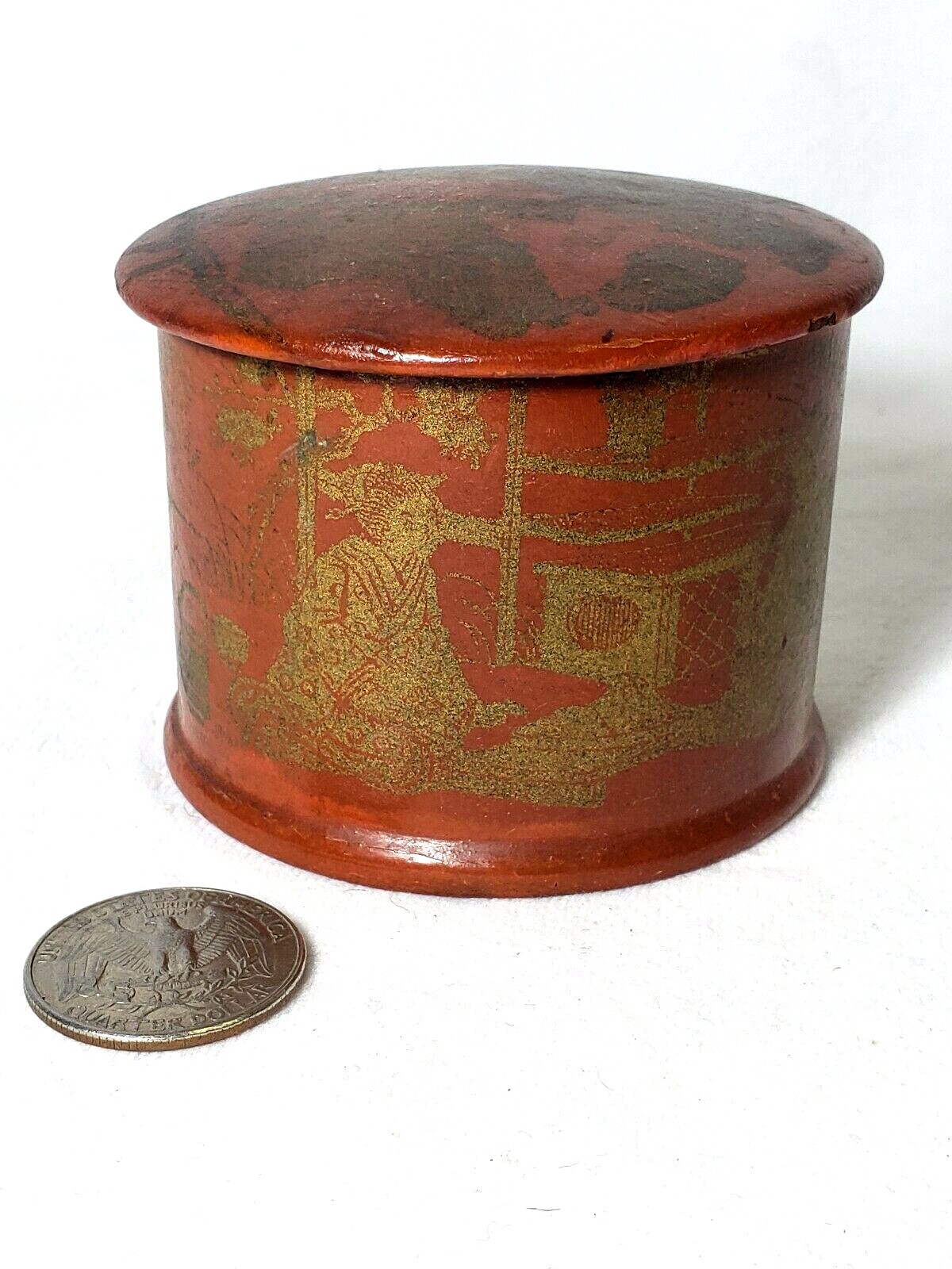 18th Century Japanese Orange Red Lacquered Wooden Tea Caddy Lidded Box