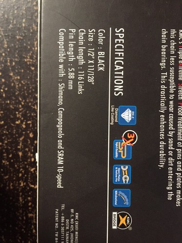 KMC X10SL DLC X2.0 SUPER LIGHT 10 SPEED BIKE CHAIN XSP 116L BLACK/BLACK