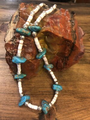 Men s Kingman Turquoise Nuggets, White Clam Heishi 20 , 925 Navajo Bench Beads