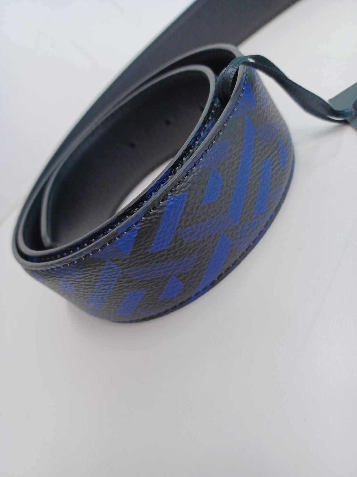 Pre-owned Versace Reversable Black And Blue Leather With Gold Buckle Belt